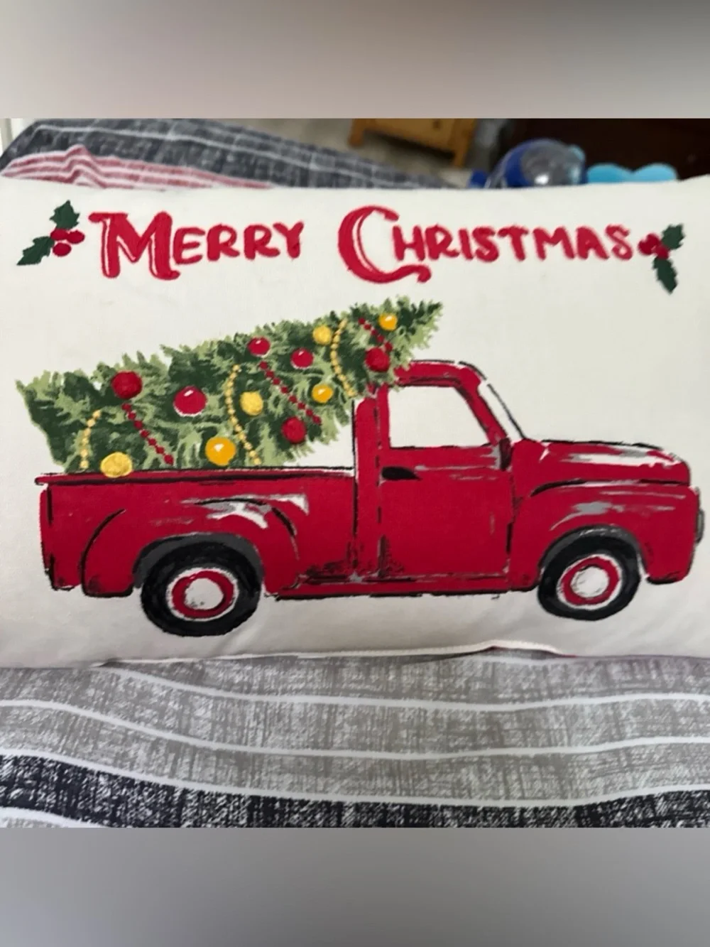 Embroidered Pillow Merry Christmas Old Red Pick-up Truck Decor 20